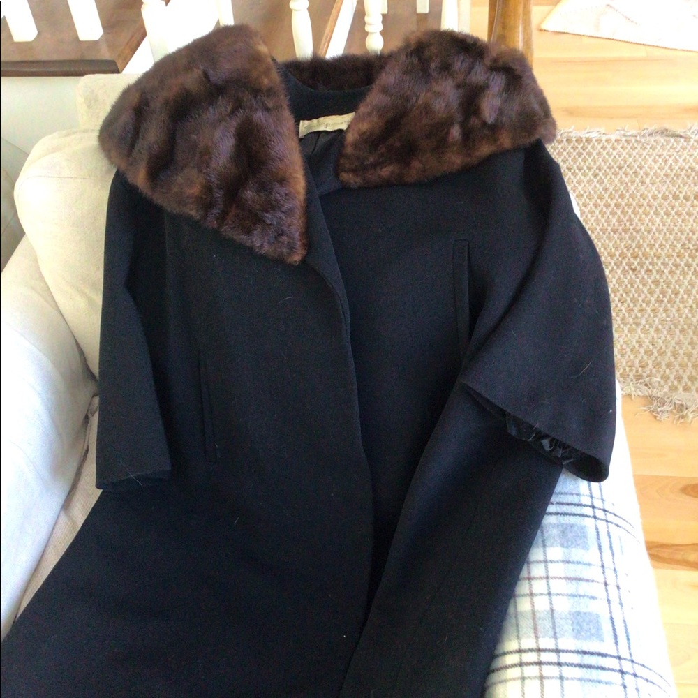 Classic Black Pea Coat with Brown Fur Collar